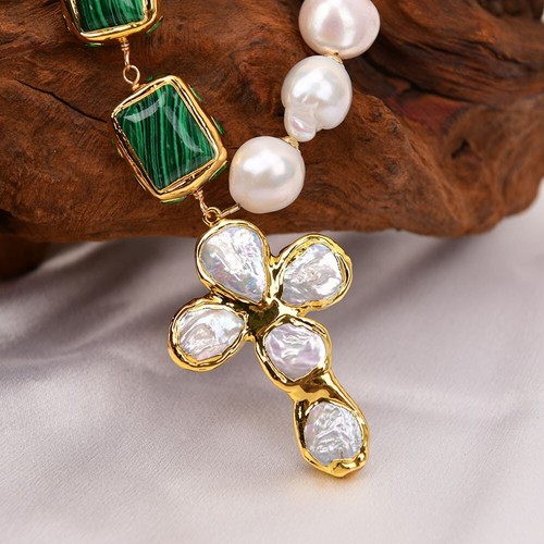 Natural White Baroque Pearl Green Malachite Necklace Coin Pearl Cross Pendant - Picture 5 of 9