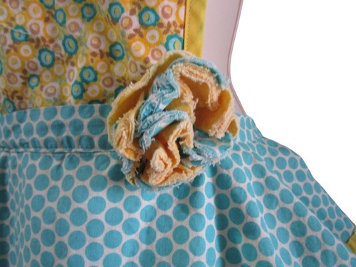 Retro Yellow Blue Floral Polka Dot Full Apron Triple Layer Ruffled Skirt GUC - Picture 7 of 15