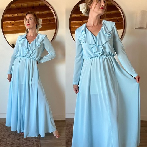 VTG 70'S LIGHT SKY BLUE DRESS SEMI SHEER RUFFLED LONG SLEEVE MAXI GOWN FITS S - Picture 7 of 12