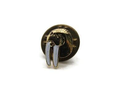 Vintage Walrus Head Lapel Pin Gold Tone Metal White Enamel Tusks Arctic Animal