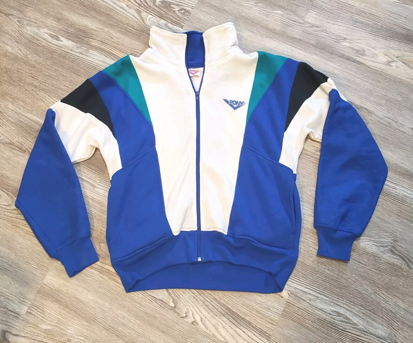 Vintage Pony Uomo M Full Zip Jersey Maglia Track Jacket Bianco Verde Blu Nero