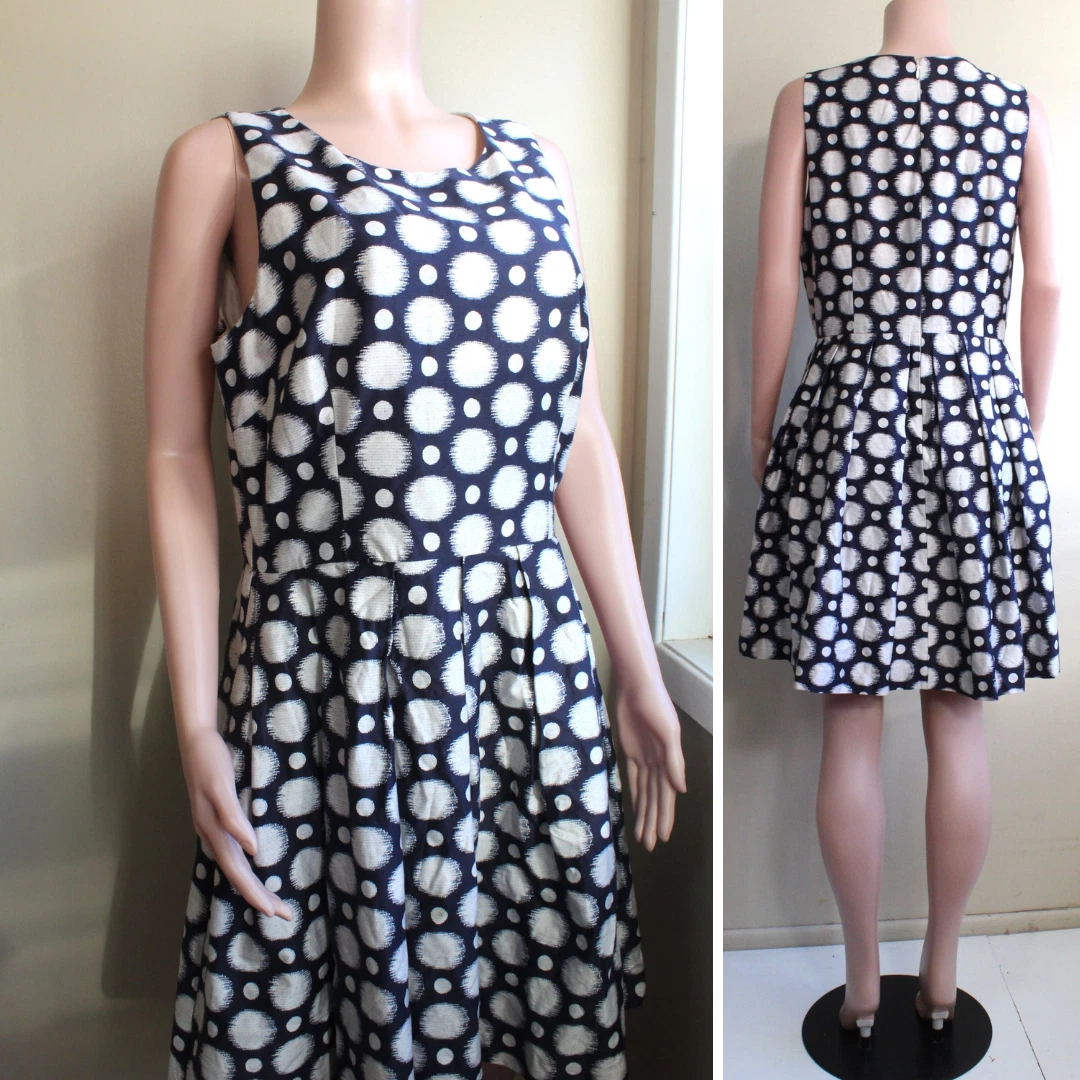 OFF WHITE Abito Eliza J 16 XL cotone senza maniche dietro zip blu navy bianco gonna cerchio ginocchio