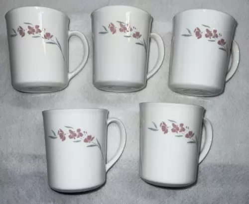 Corelle Corning SILK BLOSSOMS Coffee Cups Mugs * Gray Pink Floral * Set of 5
