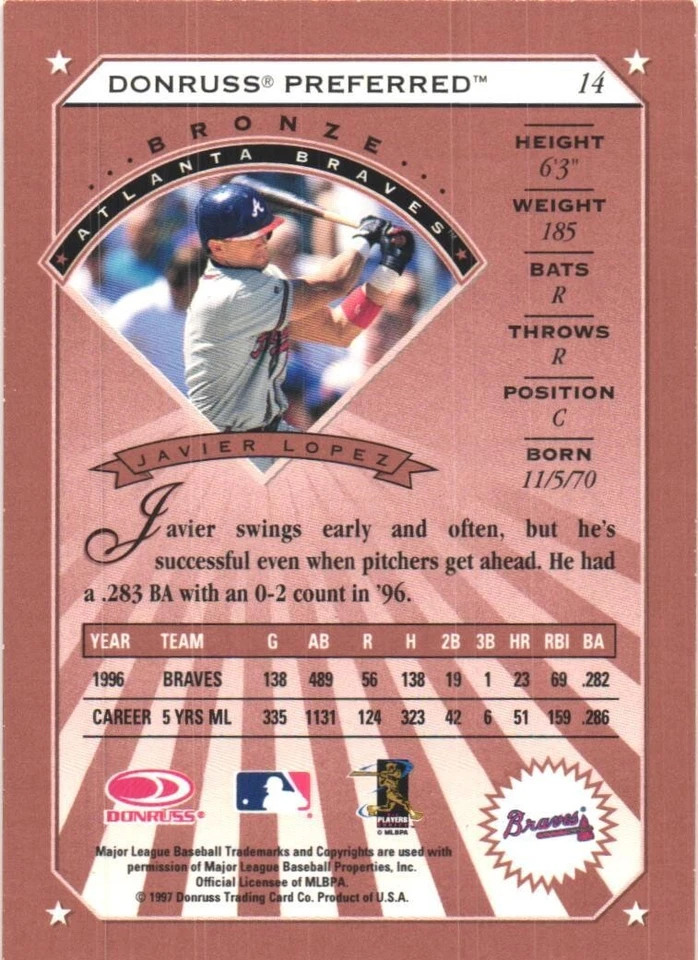 1997 Donruss Preferred #14 Javy Lopez  Atlanta Braves Bronze - Image 2 of 2