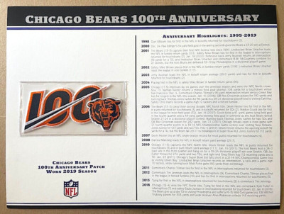 CHICAGO BEARS ~ 100th ANNIVERSARY NFL PATCH STAT CARD Willabee & Ward WORN 2019