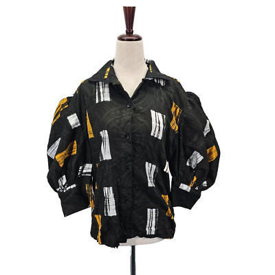 Busayo Women's Tola Black Print Cotton Top Blouse Puff Sleeve Black Size M NWT