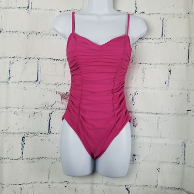 Allen Schwartz ABS Swimwear One Piece Swimsuit size 4 Pink Ruched Front 2 straps