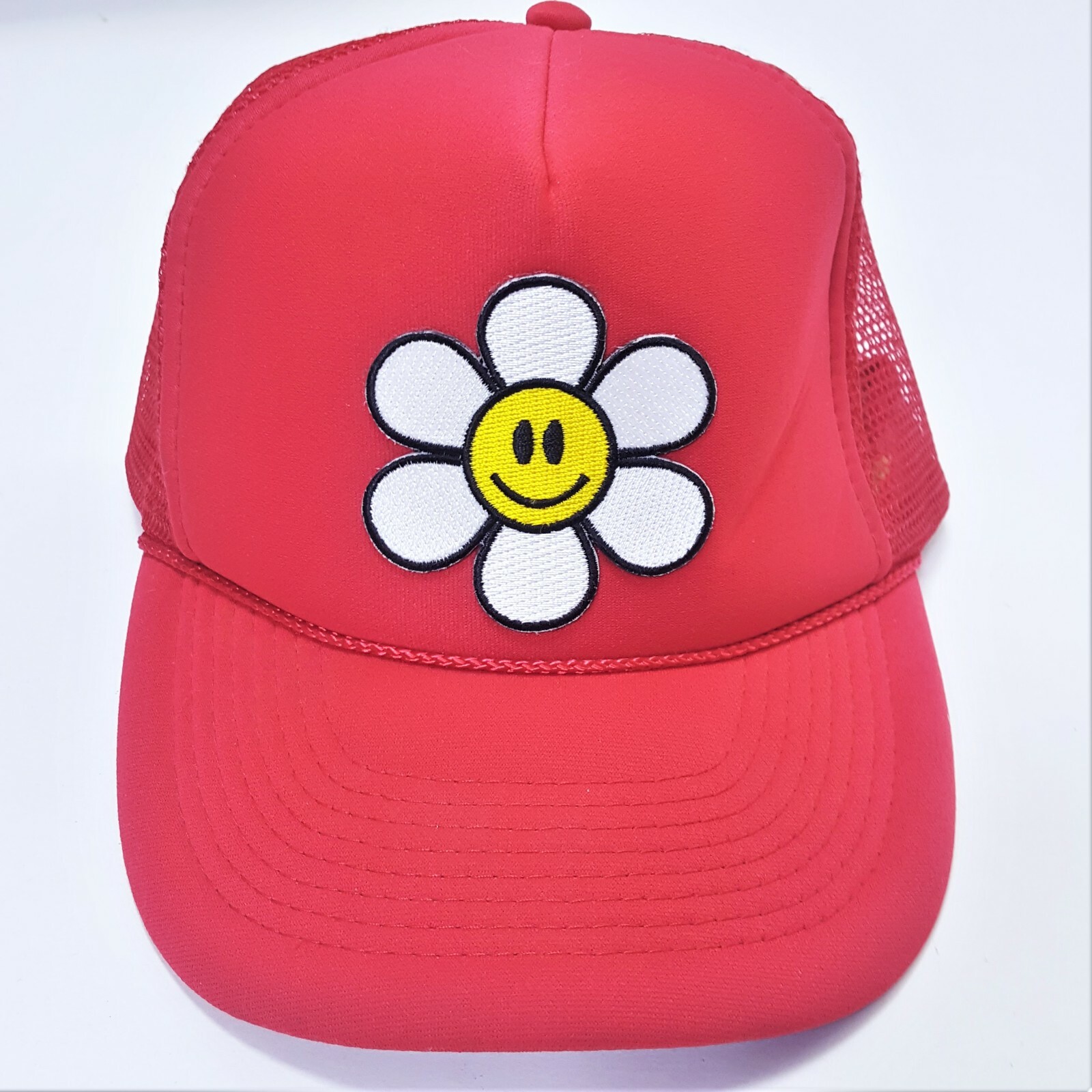 SMILEY DAISY PATCH RED CAP HAT 5 PANEL HIGH CROWN… - image 1