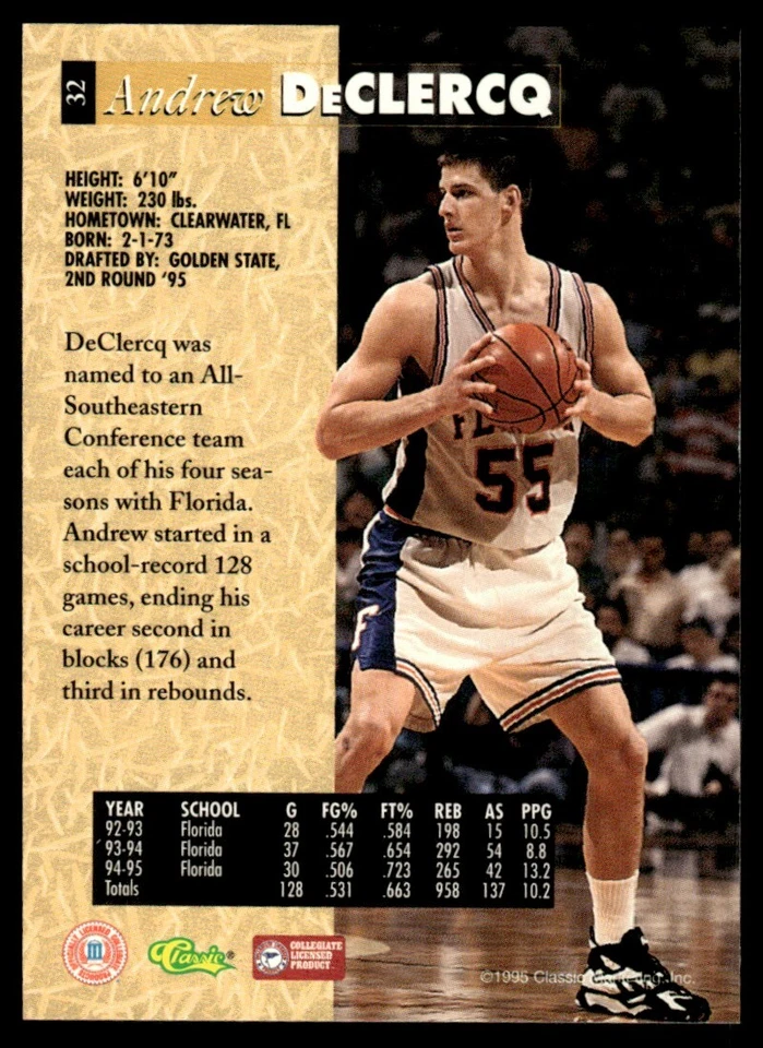 1995-96 Classic 5-Sport #32 Andrew DeClercq Rookie Florida Gators - Image 2 of 2