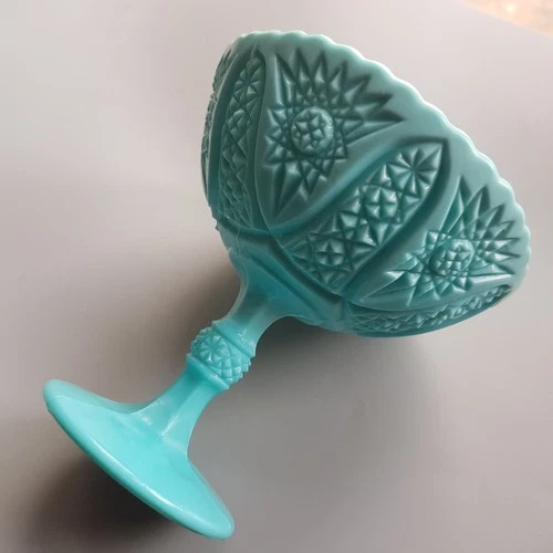 Antique 1890s Victorian Blue Milk Glass Bowl footed aqua relief art England 11cm