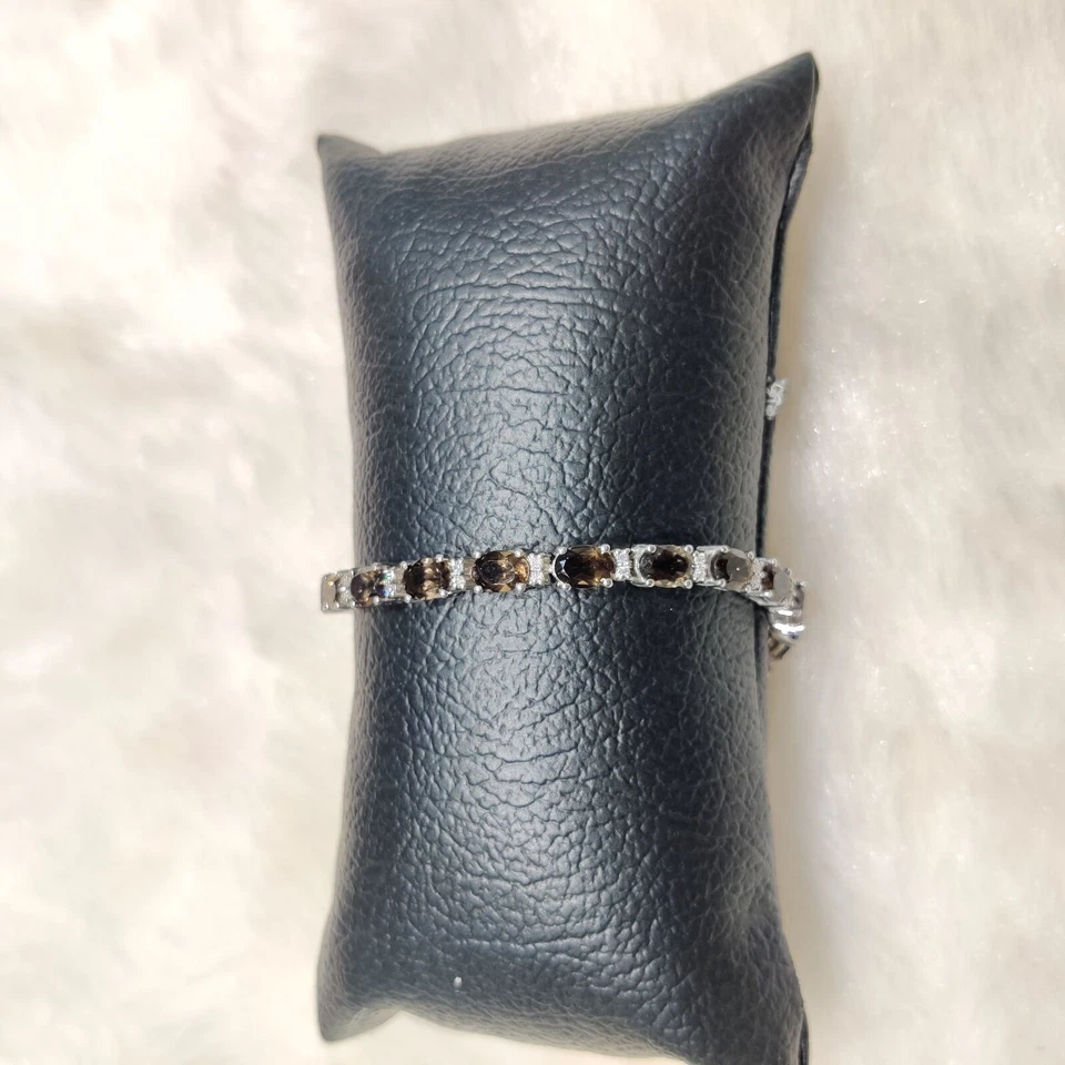 Brazalete de tenis de plata de ley 925 con piedras preciosas de cuarzo ahumado natural y circón G87 Foto 4 de 4