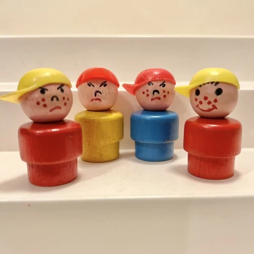 Vtg FISHER PRICE Little People RARE FIGURES Mad Boys-Smiling wFreckles WOOD/WOOD