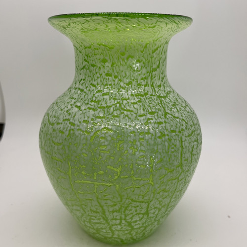 Hand Blown White Green Speckled Stretched Glass Vase