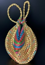 Vintage Beaded Clutch Purse Gold Multicolor Embroidered Boho Evening Bag...