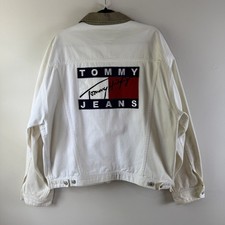 Vintage 90s Tommy Hilfiger Big Flag Patch White Denim Jacket Corduroy Collar, XL