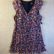 Tommy Hilfiger Floral Chiffon Dress Womens 16 Navy Blue Ruffle Tiered V-Neck NEW