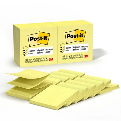 Post-it Pop Up Notes, 3 in x 3 in, 12 P, 100 S/P, Clean Removal, Canary Yellow