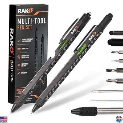 Multitool Pen Set - LED Light, Screwdrivers, Level, Ruler, Bottle Opener, 2 Pack