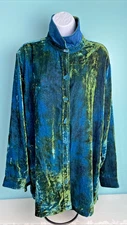 John Mark Crushed Velvet Button Front Shirt Blue/Green Boho Artsy M/L