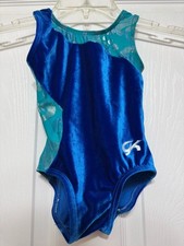 GK Elite Gymnastic Practice Leotard Blue Velour Teal Accents Size CXXS