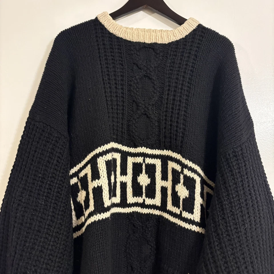 Suéter preto robusto pesado vintage GG Henry Grethel tricô manual 100% lã Shetland - Imagem 2 de 4