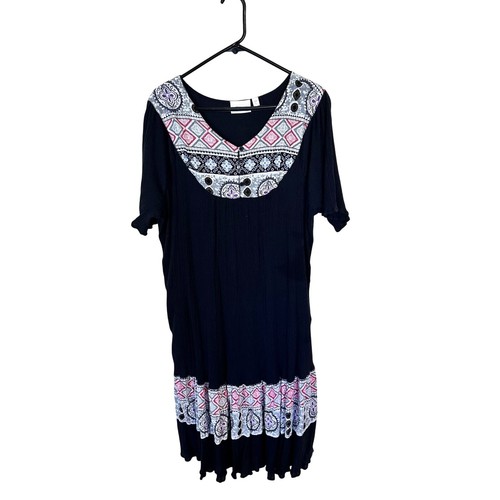 National Damen 2X Schwarz MuMu Midikleid Hauskleid Baumwolle Taschen Boho Mandala