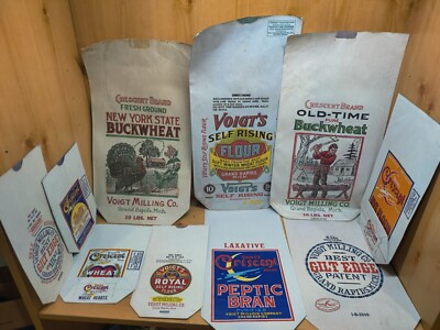Lot of 10 Paper Flour & Salt Sacks-Voigts Mill Michigan -  Crescent Wheat Hearts