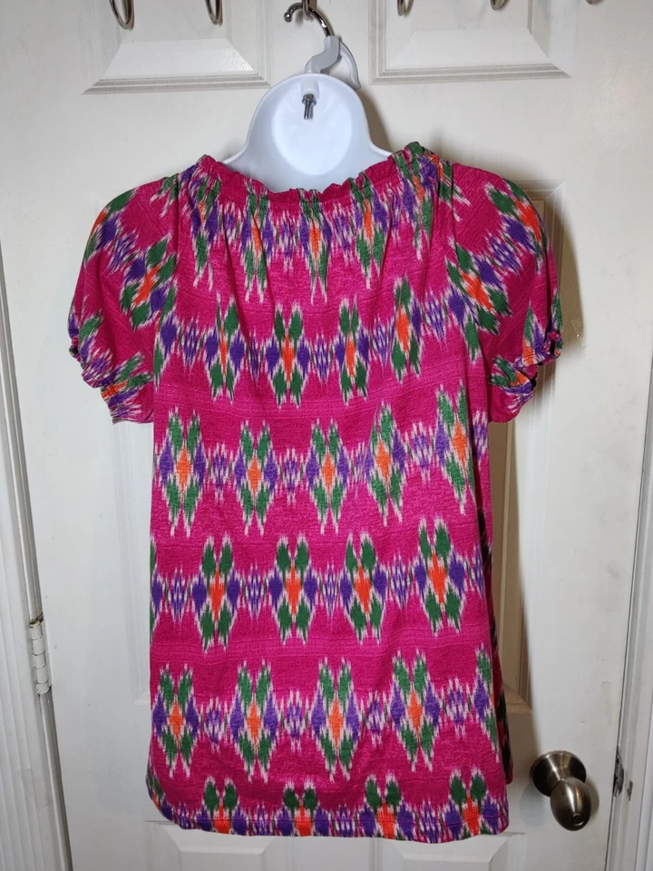 Blusa Top Chaps Rosa Multicolor Estampado Tribal Manga Campesino Algodón M Foto 3 de 4