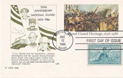 STAMP SCOTT UX114 & 1017 "National Guard Heritage" 14 CENT 1986 POSTCARD FDC - B