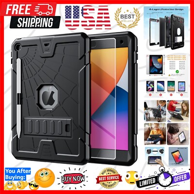 Bundle: iPad 10.2 Inch Case with Tempered Glass & Pencil Holder - Rugged Black