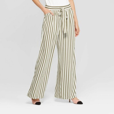 Women's Striped Wide Leg Pants Who What Wear, Olive Green