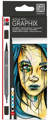 Marabu Graphix AQUA PENS 6 pack Watercolor Felt Tip Twin-Tip