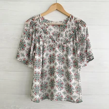 LOFT - Red green floral chiffon pleated top, S
