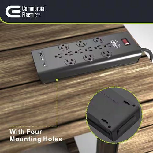 Commercial Electric 6 ft. 12-Outlet Black Surge Protector with USB - Picture 2 of 4