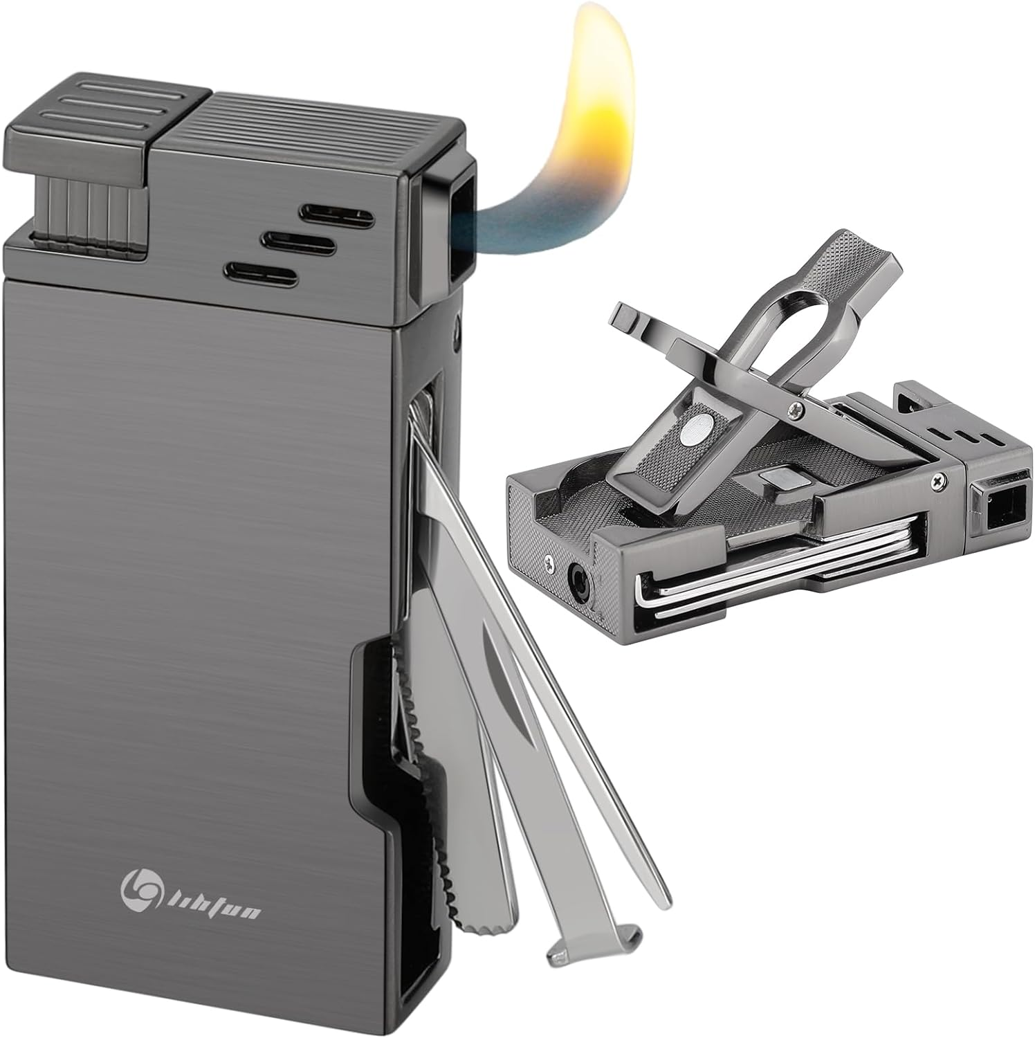 Pipe Lighter &amp; Stand Refillable Butane Stainless Steels 3 Tools Cleaner 5 in 1