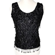 Vintage Beaded Sequined Fringe Cropped Black Tank Top Bodice Size Medium