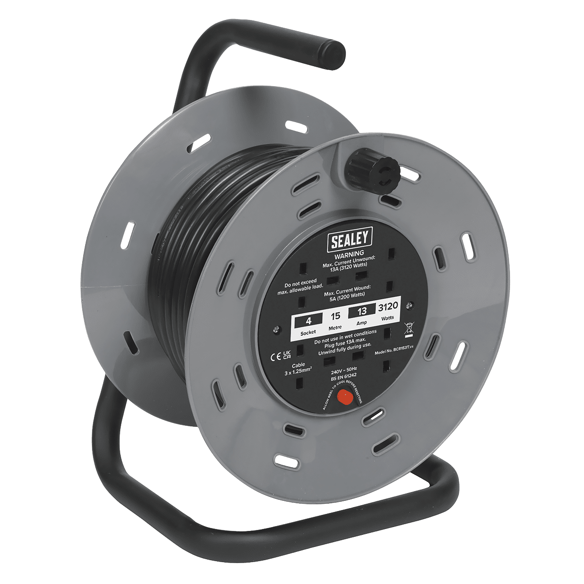 Sealey BCR153T 15m Cable Reel with Thermal Trip 4 x 230V