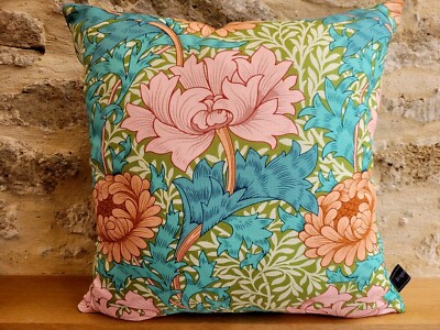 William Morris Chrysanthemenstoff Leinen Sommer & Türkis Samt Kissen 