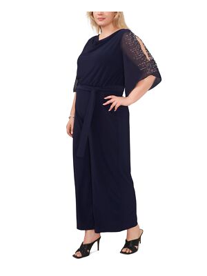 MSK WOMEN Womens Navy Belted Slit Flutter Sleeves Wide Leg Jumpsuit Plus 2X
