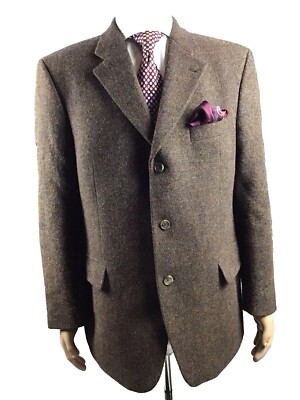 Harris Tweed Digel Menswear Vtg Sport Coat 44R Brown Wool 3-Btn Padded Shoulders