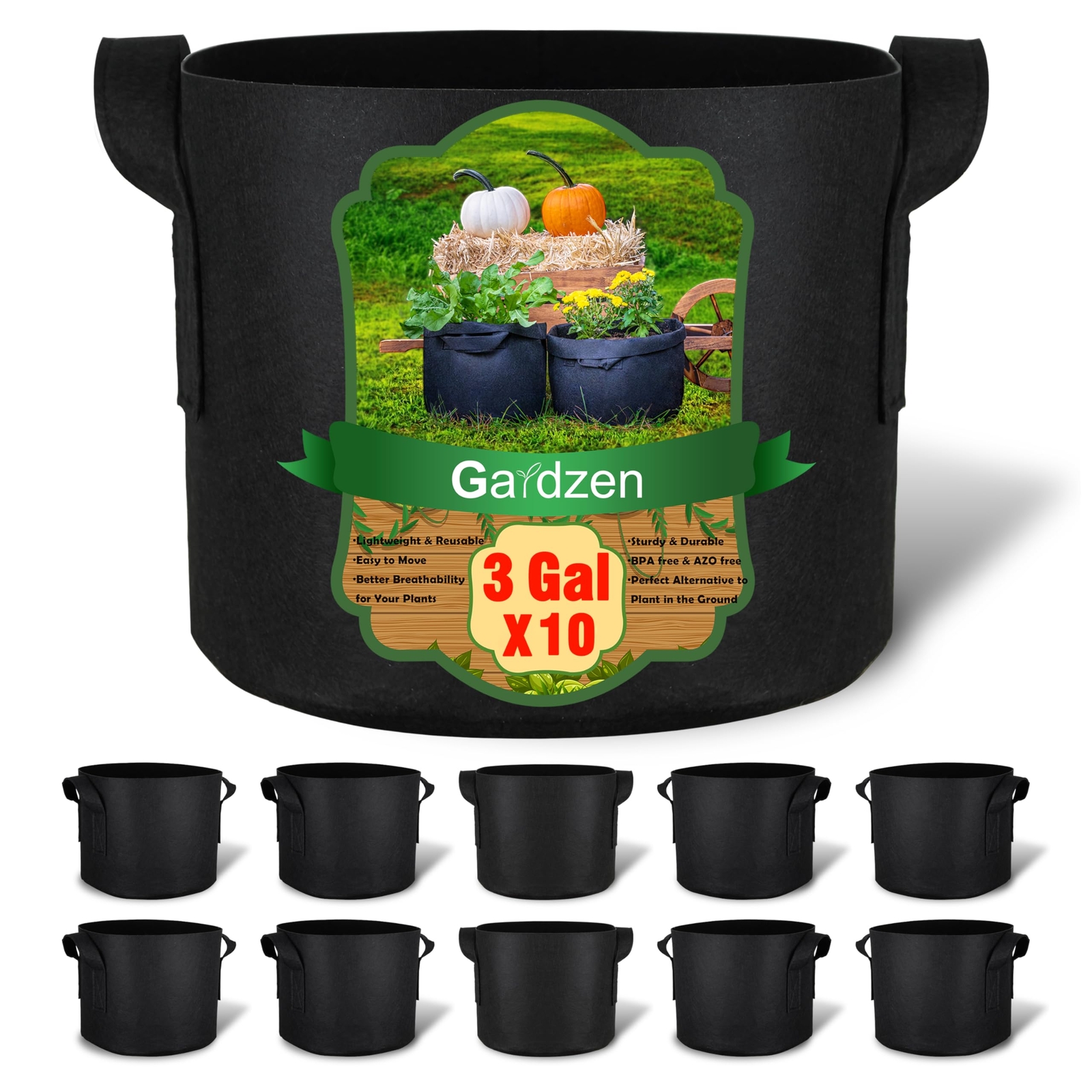 10-Pack 3 Gallons Grow Bags, Aeration Fabric Pots with Handles, Heavy Duty Cl...