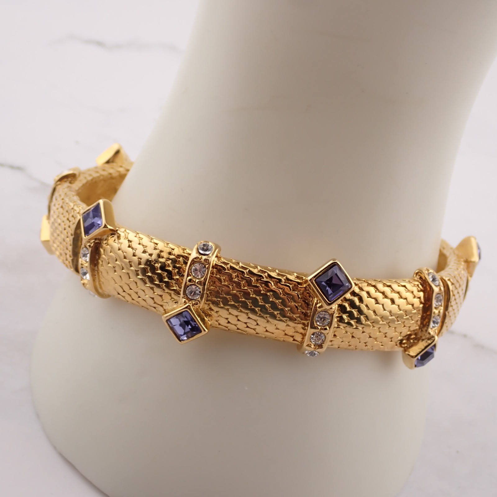 Vintage JBK Camrose & Kross Purple Crystal Gold Tone Mesh 7 3/4" Bangle Bracelet