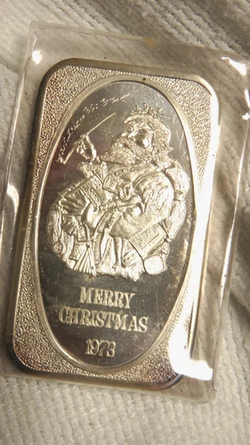 1 troy ounce Silver Ingot --Merry Christmas 1973 - .999 + Fine United States Sil