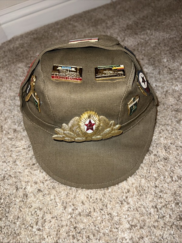 RUSSIAN SOVIET Vtg USSR ARMY MILITARY CAP HAT With PINS & PATCHES