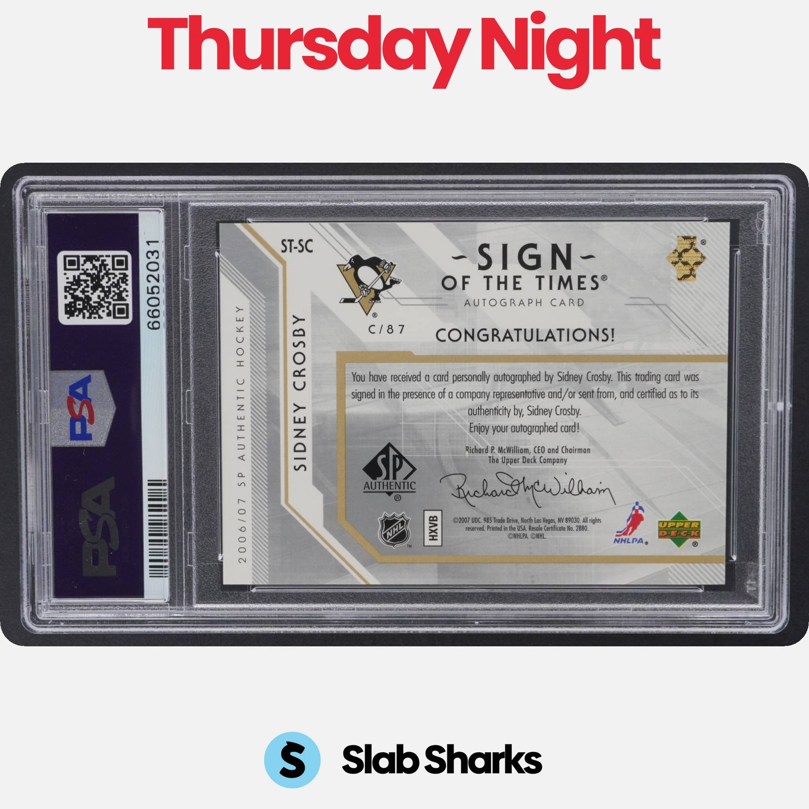 2006 UPPER DECK SP AUTHENTIC #ST-SC SIDNEY CROSBY SIGN OF THE TIMES AUTO PSA 9 view 2