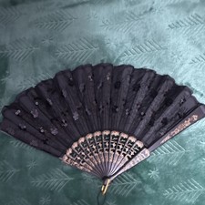 Black Lace Victorian Style Hand Fan with Gold Detailing and Floral Design