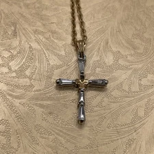 VTG 90s Dainty Simple Cross Necklace Rhinestone Gold Tone Chain Religious Shiny