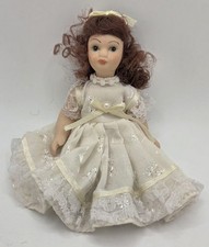 Porcelain Girl 5" Doll Curly Brown Hair Ivory Dress Head/Arms/Legs Move VTG