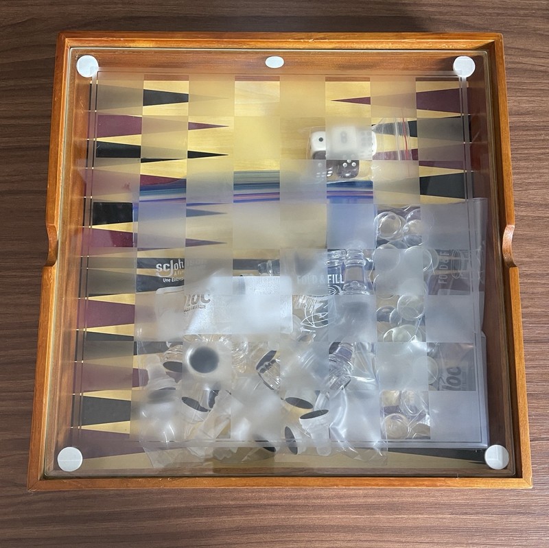 Glass Chess Backgammon Checkers 3-in-1 Game Set Wooden Box Clear