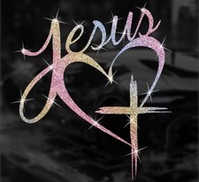 RAINBOW METALLIC GLITTER CROSS HEART 5.5  Jesus Vinyl Sticker Decal Christian
